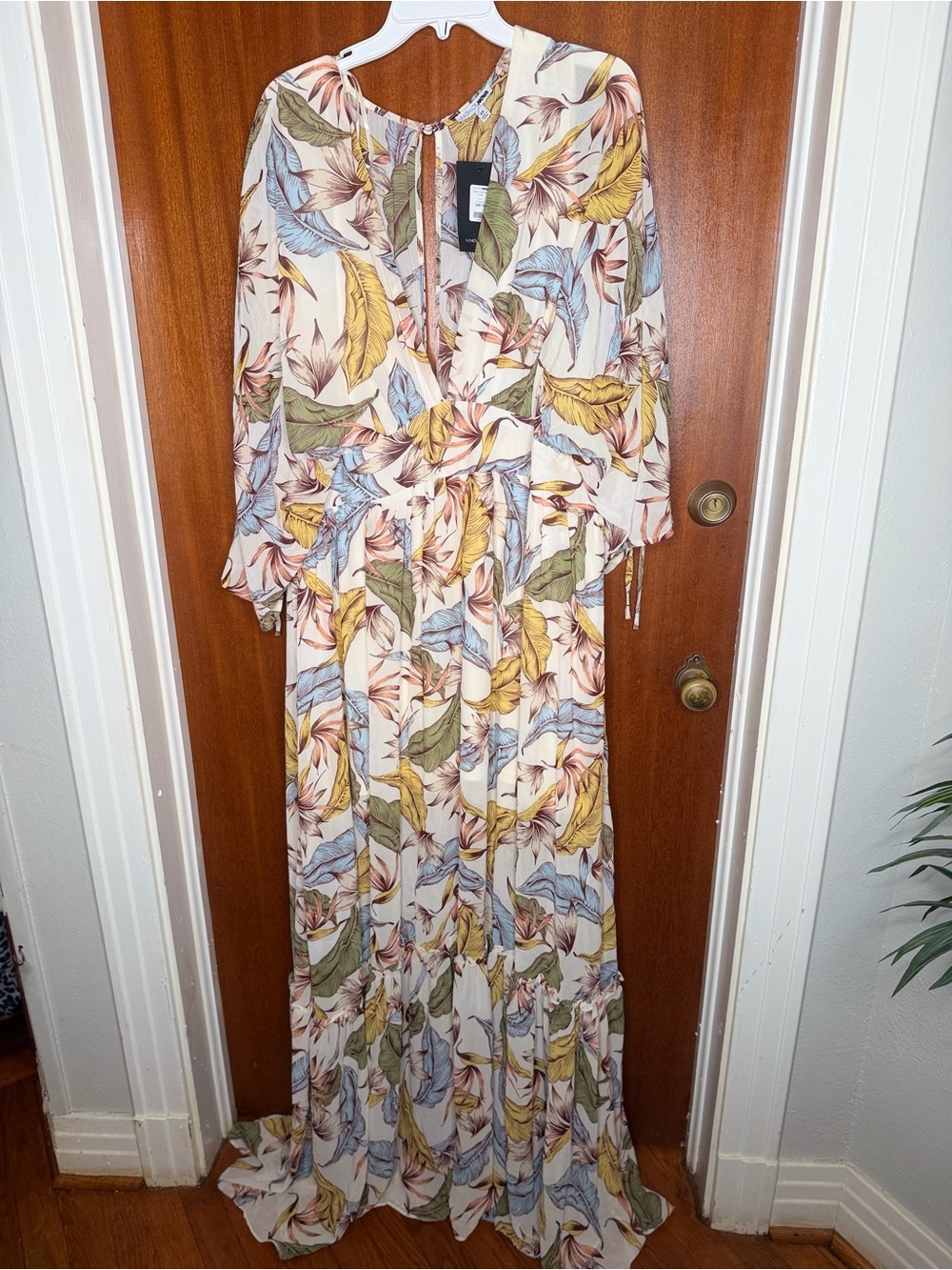 Fashion Nova Cream Maxi Dress with Blue, Yellow & Green Leaf Print
